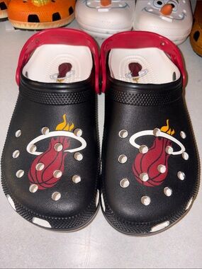 CROCS Black Clog with Red and Yellow Basketball Graphic